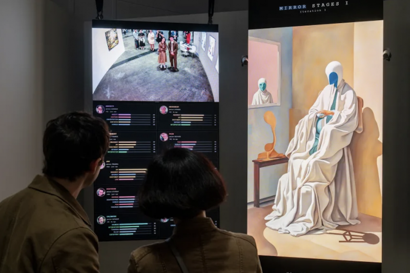люди смотрят на работы Botto на Art Basel Hong Kong