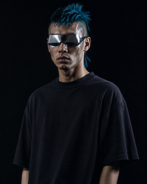 Пример генерации ChatGPT.Пример генерации ChatGPT. Промпт: photorealistic image of A 25 years old man, in futuristic chrome eye mask in style of balenciaga , offwhite, balenciaga style, short Iroquois mullet blue dyed hair, black background, black oversized t-shirt , balenciaga models, Medium Shot, Natural Lighting, Kodak vision3 500, black background, cyber inserts on the face, in style of fashion magazines, in style of dazed magazine, unreal engine, in style of ghost in shells.