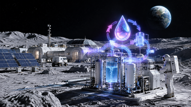 Лунная база с жилыми модулями, солнечными панелями и установкой для очистки воды
